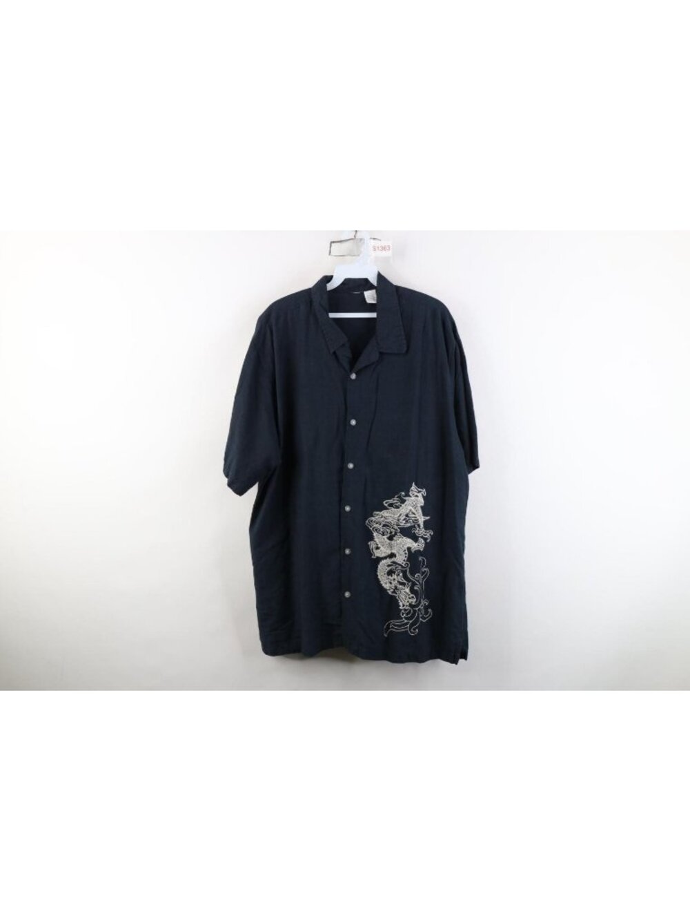 Vtg 90s Streetwear Mens Large Rayon Gabardine Dragon Short Sleeve Button Shirt